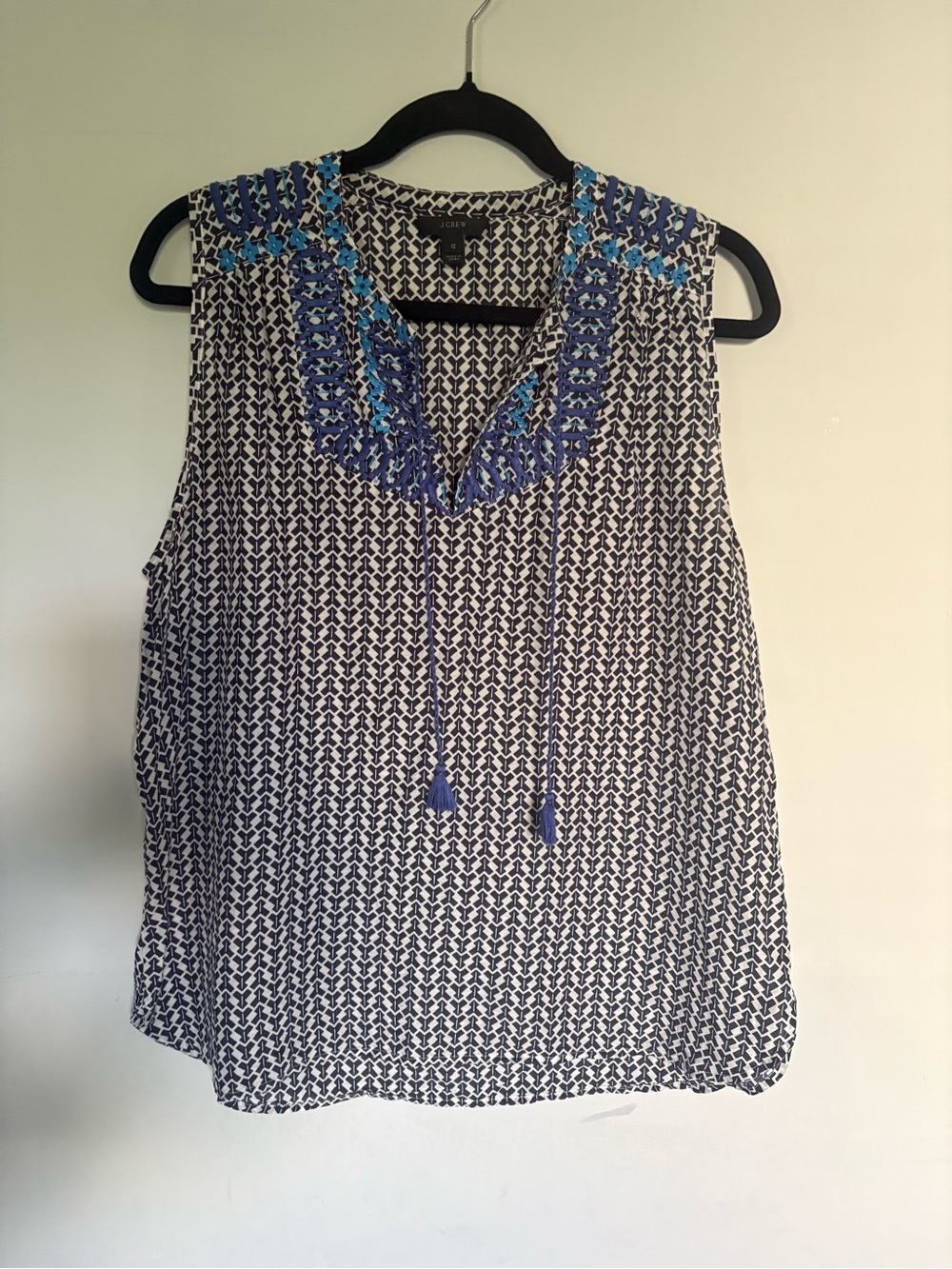 J.Crew Embroidered Printed Sleeveless V-Neck Tank Blue & White | Size 12